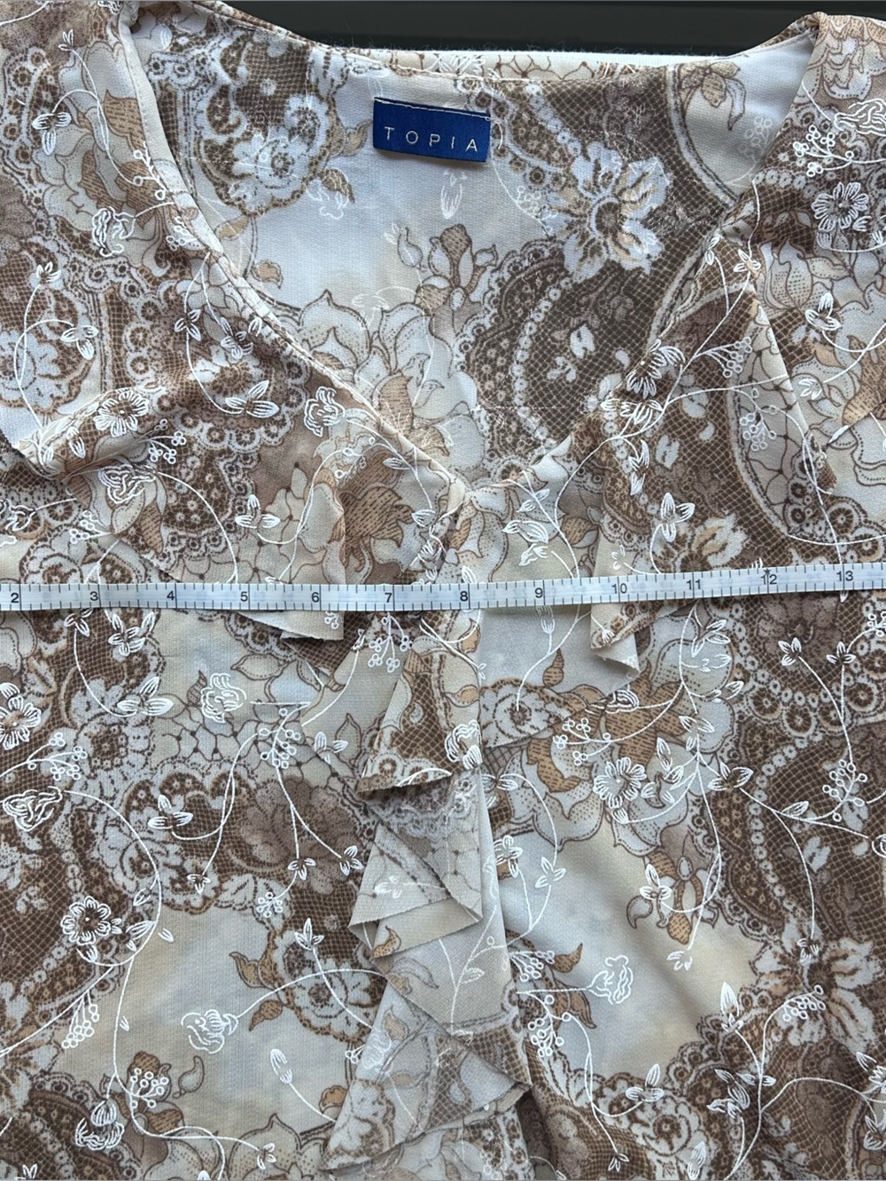Topia Brown and Cream Paisley Ruffle Blouse - Picture 2 of 4
